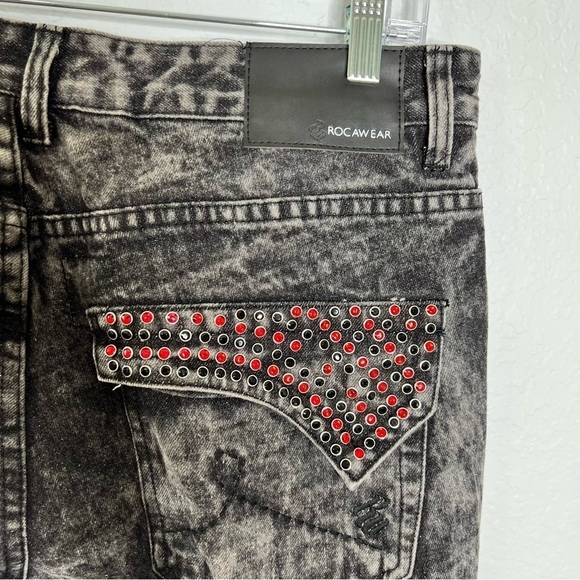 ROCAWEAR Men 36 X 32 Black Acid Wash Slim Straight Jean Rhinestone Studded CLO - Picture 5 of 10